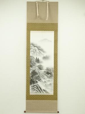青治筆　水墨山水　肉筆絹本掛軸